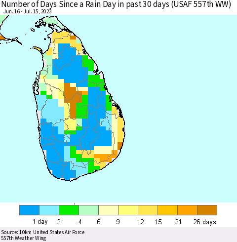Sri Lanka Number of Days Since a Rain Day in past 30 days (USAF 557th WW) Thematic Map For 7/11/2023 - 7/15/2023