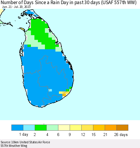 Sri Lanka Number of Days Since a Rain Day in past 30 days (USAF 557th WW) Thematic Map For 7/16/2023 - 7/20/2023