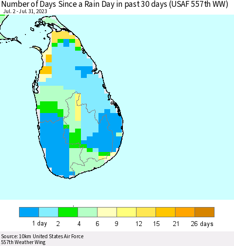 Sri Lanka Number of Days Since a Rain Day in past 30 days (USAF 557th WW) Thematic Map For 7/26/2023 - 7/31/2023