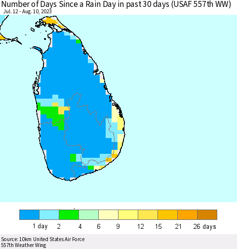 Sri Lanka Number of Days Since a Rain Day in past 30 days (USAF 557th WW) Thematic Map For 8/6/2023 - 8/10/2023