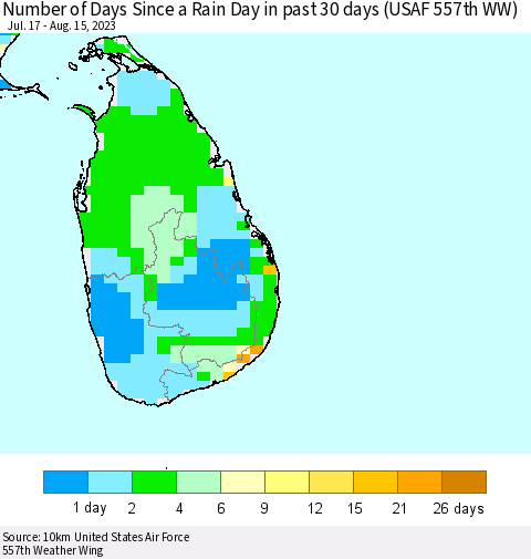 Sri Lanka Number of Days Since a Rain Day in past 30 days (USAF 557th WW) Thematic Map For 8/11/2023 - 8/15/2023