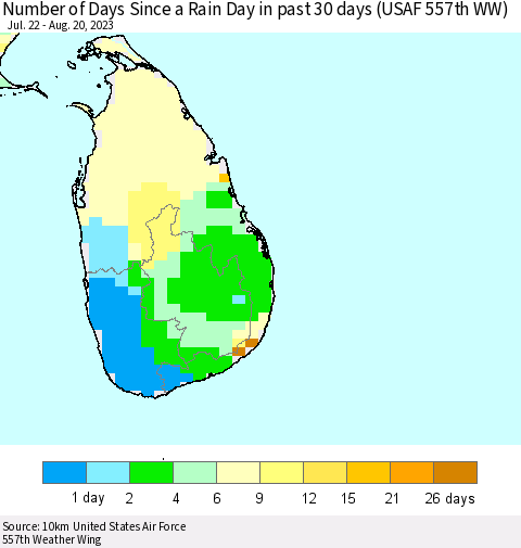 Sri Lanka Number of Days Since a Rain Day in past 30 days (USAF 557th WW) Thematic Map For 8/16/2023 - 8/20/2023