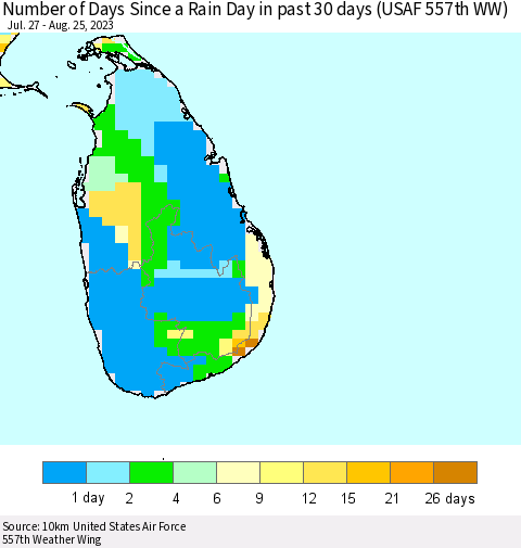 Sri Lanka Number of Days Since a Rain Day in past 30 days (USAF 557th WW) Thematic Map For 8/21/2023 - 8/25/2023