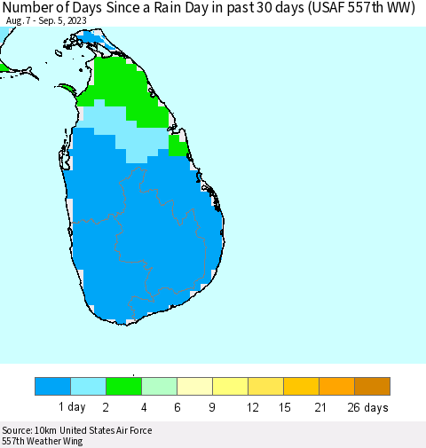 Sri Lanka Number of Days Since a Rain Day in past 30 days (USAF 557th WW) Thematic Map For 9/1/2023 - 9/5/2023