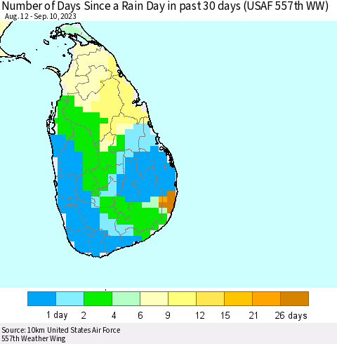 Sri Lanka Number of Days Since a Rain Day in past 30 days (USAF 557th WW) Thematic Map For 9/6/2023 - 9/10/2023