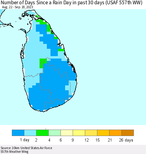 Sri Lanka Number of Days Since a Rain Day in past 30 days (USAF 557th WW) Thematic Map For 9/16/2023 - 9/20/2023