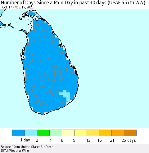 Sri Lanka Number of Days Since a Rain Day in past 30 days (USAF 557th WW) Thematic Map For 11/11/2023 - 11/15/2023