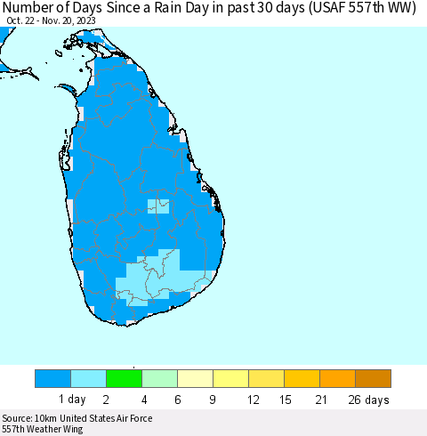 Sri Lanka Number of Days Since a Rain Day in past 30 days (USAF 557th WW) Thematic Map For 11/16/2023 - 11/20/2023