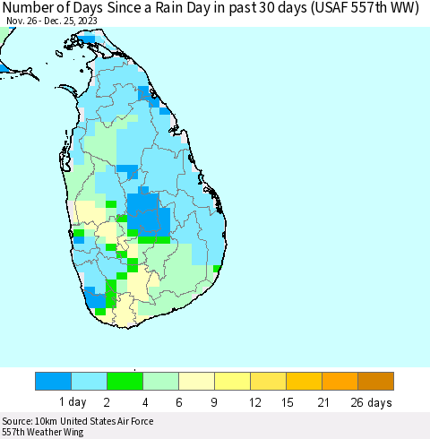 Sri Lanka Number of Days Since a Rain Day in past 30 days (USAF 557th WW) Thematic Map For 12/21/2023 - 12/25/2023