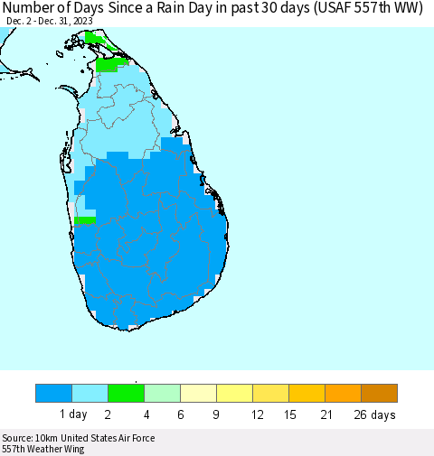 Sri Lanka Number of Days Since a Rain Day in past 30 days (USAF 557th WW) Thematic Map For 12/26/2023 - 12/31/2023
