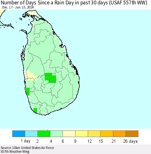 Sri Lanka Number of Days Since a Rain Day in past 30 days (USAF 557th WW) Thematic Map For 1/11/2024 - 1/15/2024
