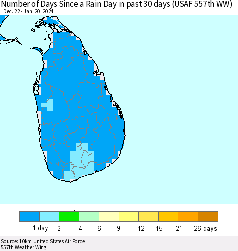 Sri Lanka Number of Days Since a Rain Day in past 30 days (USAF 557th WW) Thematic Map For 1/16/2024 - 1/20/2024