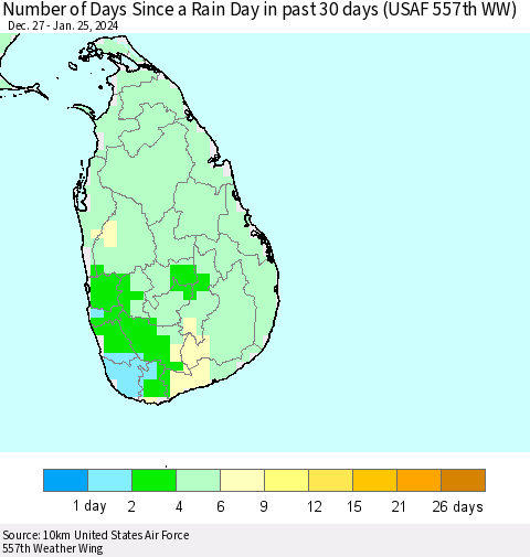 Sri Lanka Number of Days Since a Rain Day in past 30 days (USAF 557th WW) Thematic Map For 1/21/2024 - 1/25/2024