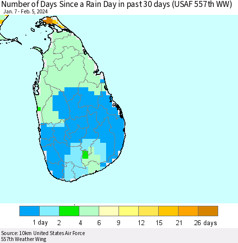 Sri Lanka Number of Days Since a Rain Day in past 30 days (USAF 557th WW) Thematic Map For 2/1/2024 - 2/5/2024