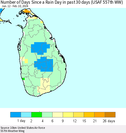 Sri Lanka Number of Days Since a Rain Day in past 30 days (USAF 557th WW) Thematic Map For 2/6/2024 - 2/10/2024