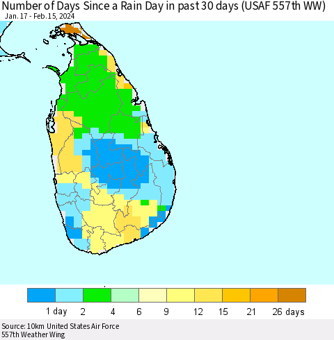 Sri Lanka Number of Days Since a Rain Day in past 30 days (USAF 557th WW) Thematic Map For 2/11/2024 - 2/15/2024