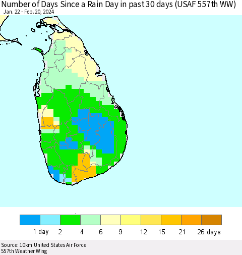 Sri Lanka Number of Days Since a Rain Day in past 30 days (USAF 557th WW) Thematic Map For 2/16/2024 - 2/20/2024