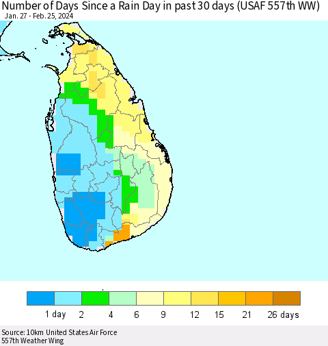 Sri Lanka Number of Days Since a Rain Day in past 30 days (USAF 557th WW) Thematic Map For 2/21/2024 - 2/25/2024