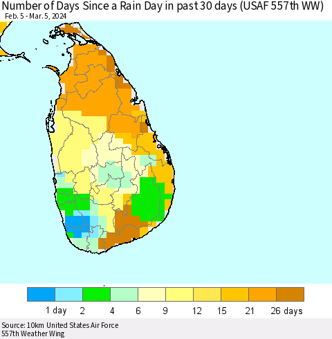 Sri Lanka Number of Days Since a Rain Day in past 30 days (USAF 557th WW) Thematic Map For 3/1/2024 - 3/5/2024