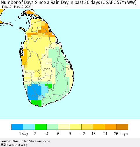 Sri Lanka Number of Days Since a Rain Day in past 30 days (USAF 557th WW) Thematic Map For 3/6/2024 - 3/10/2024
