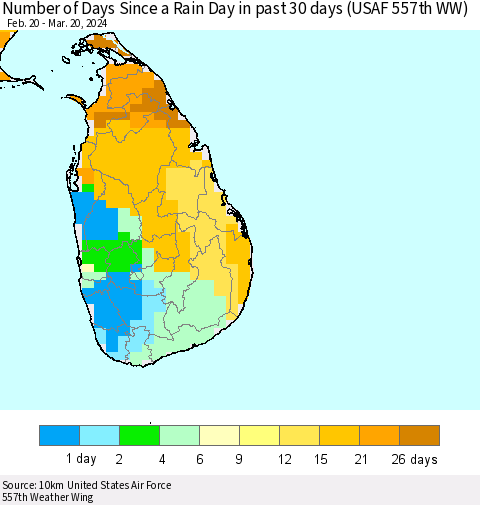Sri Lanka Number of Days Since a Rain Day in past 30 days (USAF 557th WW) Thematic Map For 3/16/2024 - 3/20/2024