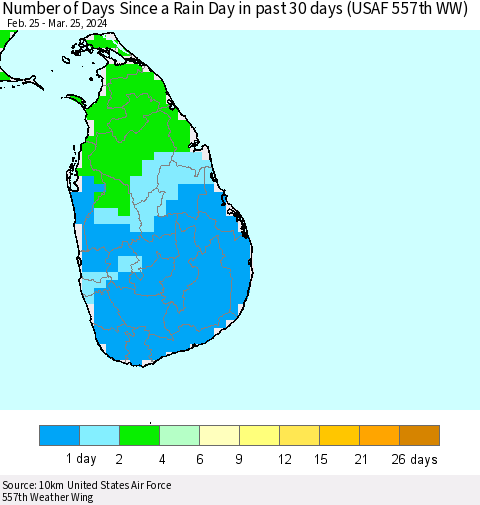 Sri Lanka Number of Days Since a Rain Day in past 30 days (USAF 557th WW) Thematic Map For 3/21/2024 - 3/25/2024