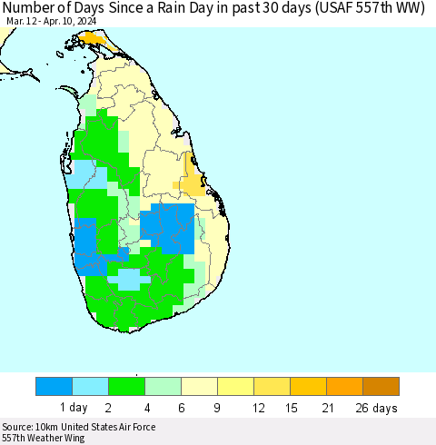 Sri Lanka Number of Days Since a Rain Day in past 30 days (USAF 557th WW) Thematic Map For 4/6/2024 - 4/10/2024