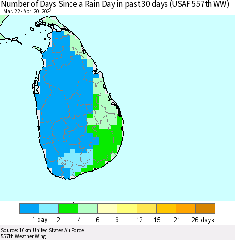 Sri Lanka Number of Days Since a Rain Day in past 30 days (USAF 557th WW) Thematic Map For 4/16/2024 - 4/20/2024