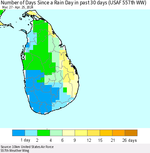 Sri Lanka Number of Days Since a Rain Day in past 30 days (USAF 557th WW) Thematic Map For 4/21/2024 - 4/25/2024