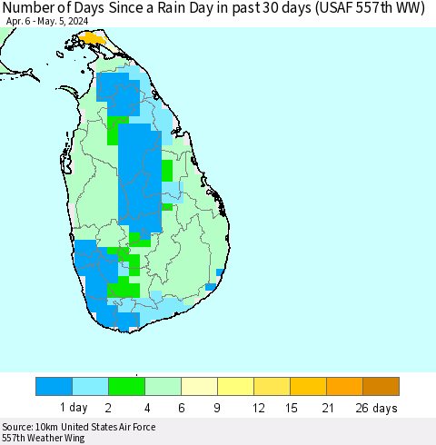 Sri Lanka Number of Days Since a Rain Day in past 30 days (USAF 557th WW) Thematic Map For 5/1/2024 - 5/5/2024