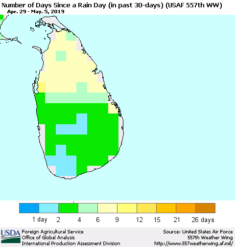 Sri Lanka Number of Days Since a Rain Day in past 30 days (USAF 557th WW) Thematic Map For 4/29/2019 - 5/5/2019