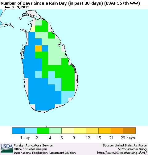 Sri Lanka Number of Days Since a Rain Day in past 30 days (USAF 557th WW) Thematic Map For 6/3/2019 - 6/9/2019