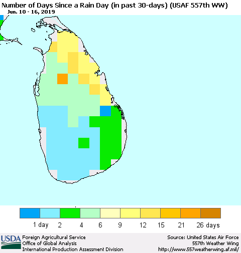 Sri Lanka Number of Days Since a Rain Day in past 30 days (USAF 557th WW) Thematic Map For 6/10/2019 - 6/16/2019