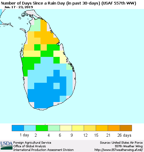 Sri Lanka Number of Days Since a Rain Day in past 30 days (USAF 557th WW) Thematic Map For 6/17/2019 - 6/23/2019