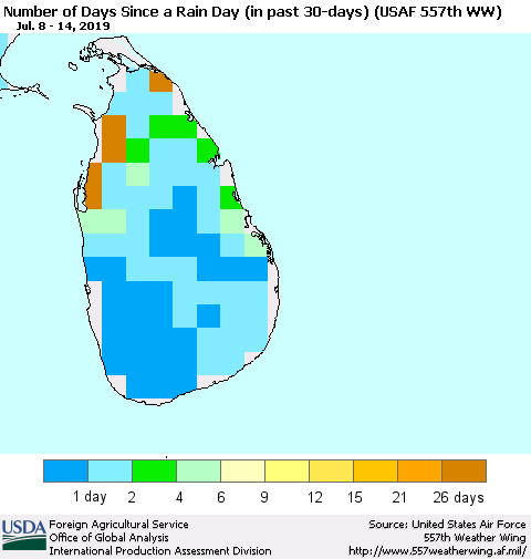 Sri Lanka Number of Days Since a Rain Day in past 30 days (USAF 557th WW) Thematic Map For 7/8/2019 - 7/14/2019