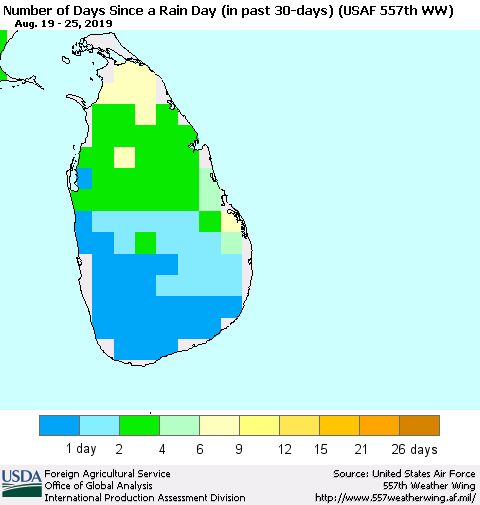 Sri Lanka Number of Days Since a Rain Day in past 30 days (USAF 557th WW) Thematic Map For 8/19/2019 - 8/25/2019