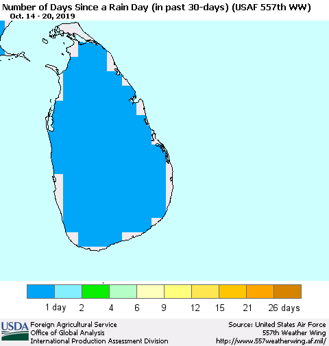 Sri Lanka Number of Days Since a Rain Day in past 30 days (USAF 557th WW) Thematic Map For 10/14/2019 - 10/20/2019