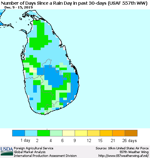 Sri Lanka Number of Days Since a Rain Day in past 30 days (USAF 557th WW) Thematic Map For 12/9/2019 - 12/15/2019