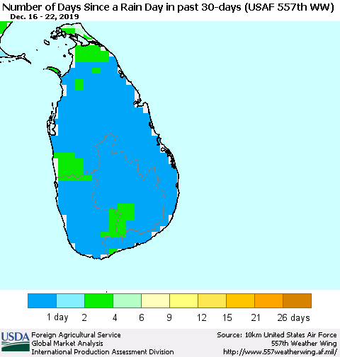 Sri Lanka Number of Days Since a Rain Day in past 30 days (USAF 557th WW) Thematic Map For 12/16/2019 - 12/22/2019