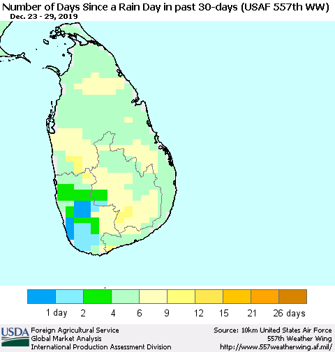 Sri Lanka Number of Days Since a Rain Day in past 30 days (USAF 557th WW) Thematic Map For 12/23/2019 - 12/29/2019