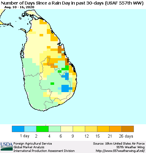 Sri Lanka Number of Days Since a Rain Day in past 30 days (USAF 557th WW) Thematic Map For 8/10/2020 - 8/16/2020