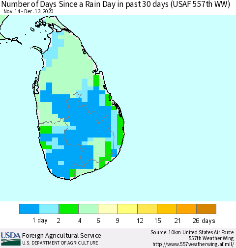 Sri Lanka Number of Days Since a Rain Day in past 30 days (USAF 557th WW) Thematic Map For 12/7/2020 - 12/13/2020