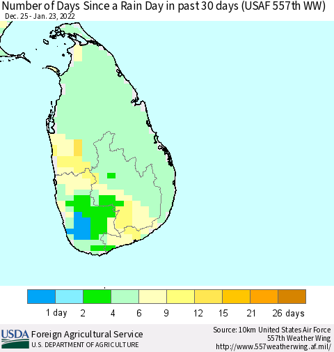 Sri Lanka Number of Days Since a Rain Day in past 30 days (USAF 557th WW) Thematic Map For 1/17/2022 - 1/23/2022