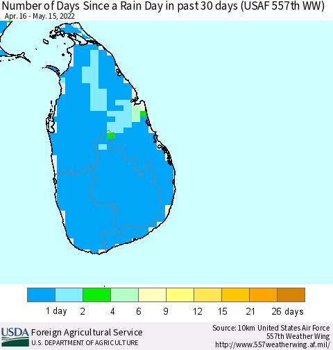 Sri Lanka Number of Days Since a Rain Day in past 30 days (USAF 557th WW) Thematic Map For 5/9/2022 - 5/15/2022