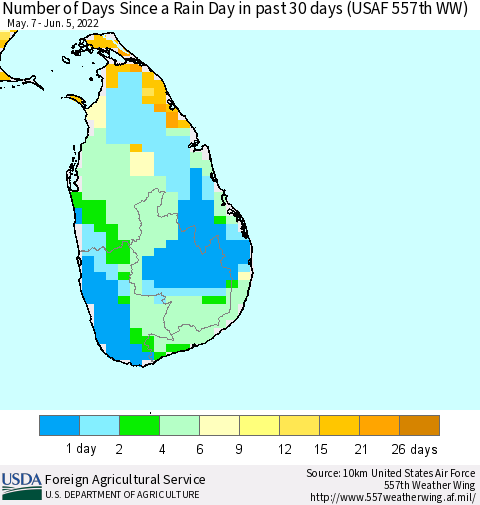 Sri Lanka Number of Days Since a Rain Day in past 30 days (USAF 557th WW) Thematic Map For 5/30/2022 - 6/5/2022