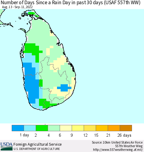 Sri Lanka Number of Days Since a Rain Day in past 30 days (USAF 557th WW) Thematic Map For 9/5/2022 - 9/11/2022