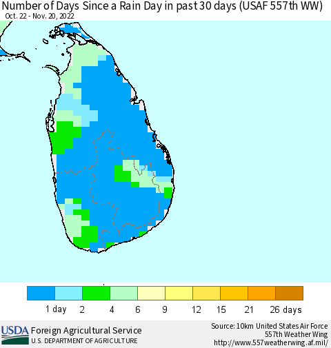 Sri Lanka Number of Days Since a Rain Day in past 30 days (USAF 557th WW) Thematic Map For 11/14/2022 - 11/20/2022