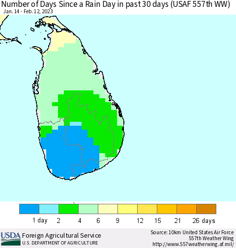 Sri Lanka Number of Days Since a Rain Day in past 30 days (USAF 557th WW) Thematic Map For 2/6/2023 - 2/12/2023