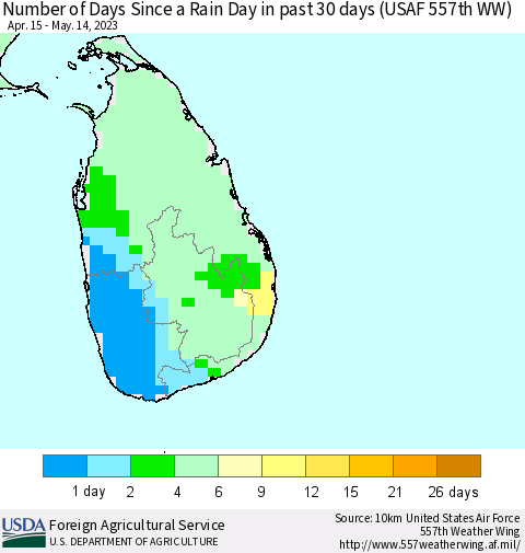 Sri Lanka Number of Days Since a Rain Day in past 30 days (USAF 557th WW) Thematic Map For 5/8/2023 - 5/14/2023
