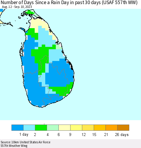 Sri Lanka Number of Days Since a Rain Day in past 30 days (USAF 557th WW) Thematic Map For 9/4/2023 - 9/10/2023